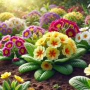 Parterre de primevères en fleurs avec des couleurs vives, entouré de feuillage vert sous une lumière naturelle.