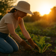 Femme jardinant en fin de journée dans un potager, portant un chapeau de paille et des gants, éclairée par la lumière dorée du soleil couchant