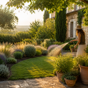 Jardin estival bien entretenu avec paillage, plantes résistantes et arrosage adapté aux fortes chaleurs